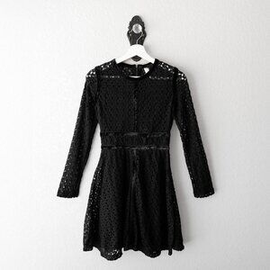 Xhilaration Dress Sz XS Black Lace Long Sleeve Velvet Trim Flare Y2k Whimsigoth